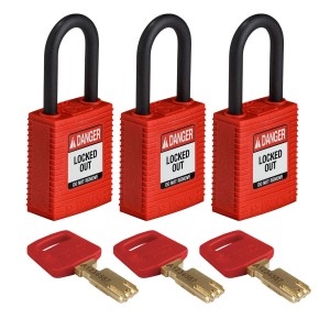 Kłódka Brady SafeKey nylonowa szekla 38mm czerwony, 3szt. (150291) jednakowe klucze