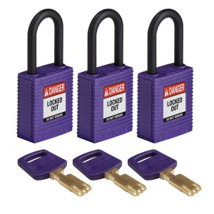 Kłódka Brady SafeKey nylonowa szekla 38mm fioletowy, 3szt. (150353) jednakowe klucze