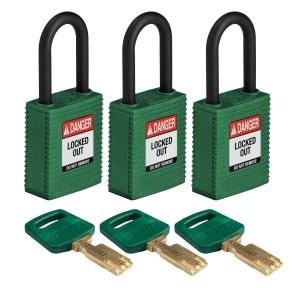 Kłódka Brady SafeKey nylonowa szekla 38mm zielony, 3szt. (150223) jednakowe klucze