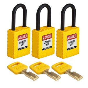 Kłódka Brady SafeKey nylonowa szekla 38mm żółty, 3szt. (150290) jednakowe klucze