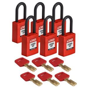 Kłódka Brady SafeKey nylonowa szekla 38mm czerwony, 6szt. (150311) różne klucze