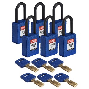 Kłódka Brady SafeKey nylonowa szekla 38mm niebieski, 6szt. (150221) różne klucze