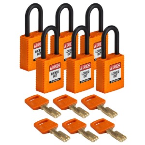 Kłódka Brady SafeKey nylonowa szekla 38mm pomarańczowy, 6szt. (150310) różne klucze