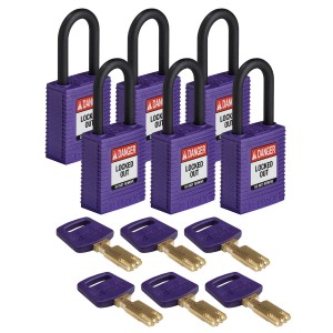 Kłódka Brady SafeKey nylonowa szekla 38mm fioletowy, 6szt. (150350) różne klucze