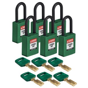 Kłódka Brady SafeKey nylonowa szekla 38mm zielony, 6szt. (150334) różne klucze