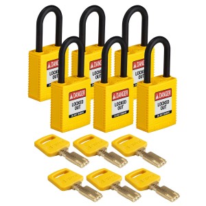 Kłódka Brady SafeKey nylonowa szekla 38mm żółty, 6szt. (150265)  różne klucze