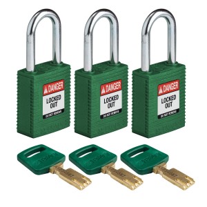 Kłódka Brady SafeKey stalowa szekla 38mm zielony, 3szt. (150341) jednakowe klucze