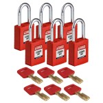 Kłódka Brady SafeKey stalowa szekla 38mm czerwony, 6szt. (150270) różne klucze