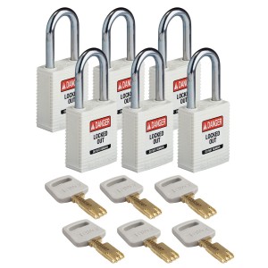 Kłódka Brady SafeKey stalowa szekla 38mm biały, 6szt. (150292) różne klucze