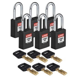 Kłódka Brady SafeKey stalowa szekla 38mm czarny, 6szt. (150224) różne klucze 