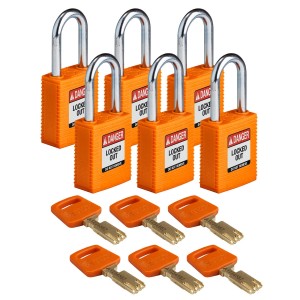 Kłódka Brady SafeKey stalowa szekla 38mm pomarańczowy, 6szt. (150336) różne klucze