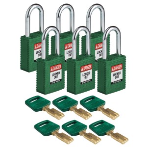 Kłódka Brady SafeKey stalowa szekla 38mm zielony, 6szt. (150337) różne klucze