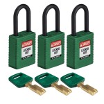 Kłódka Brady SafeKey nylonowa szekla 38mm zielony, 3szt. (150223) jednakowe klucze
