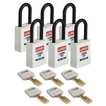 Kłódka Brady SafeKey nylonowa szekla 38mm biały, 6szt. (150308) różne klucze