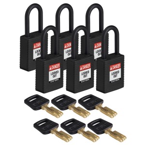 Kłódka Brady SafeKey nylonowa szekla 38mm czarny, 6szt. (150351) różne klucze