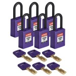 Kłódka Brady SafeKey nylonowa szekla 38mm fioletowy, 6szt. (150350) różne klucze