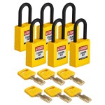 Kłódka Brady SafeKey nylonowa szekla 38mm żółty, 6szt. (150265)  różne klucze