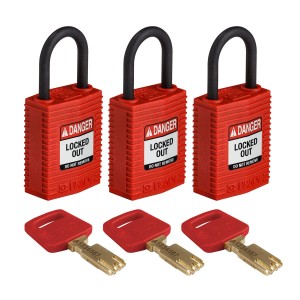 Kłódka SafeKey Nylon Compact Brady, szekla polimerowa 25,40mm czerwony, 3szt. (150189)  jednakowe klucze