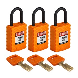Kłódka SafeKey Nylon Compact Brady, szekla polimerowa 25,40mm pomarańczowy, 3szt. (150194)  jednakowe klucze