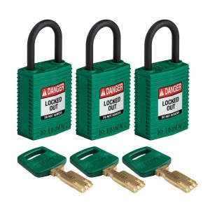 Kłódka SafeKey Nylon Compact Brady, szekla polimerowa 25,40mm zielony, 3szt. (150191)  jednakowe klucze