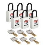 Kłódka SafeKey Nylon Compact Brady, szekla polimerowa 25,40mm biały 6szt. (150215) różne klucze 