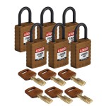 Kłódka SafeKey Nylon Compact Brady, szekla polimerowa 25,40mm brązowy 6szt. (150214) różne klucze 