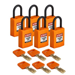 Kłódka SafeKey Nylon Compact Brady, szekla polimerowa 25,40mm pomarańczowy 6szt. (150212) różne klucze 